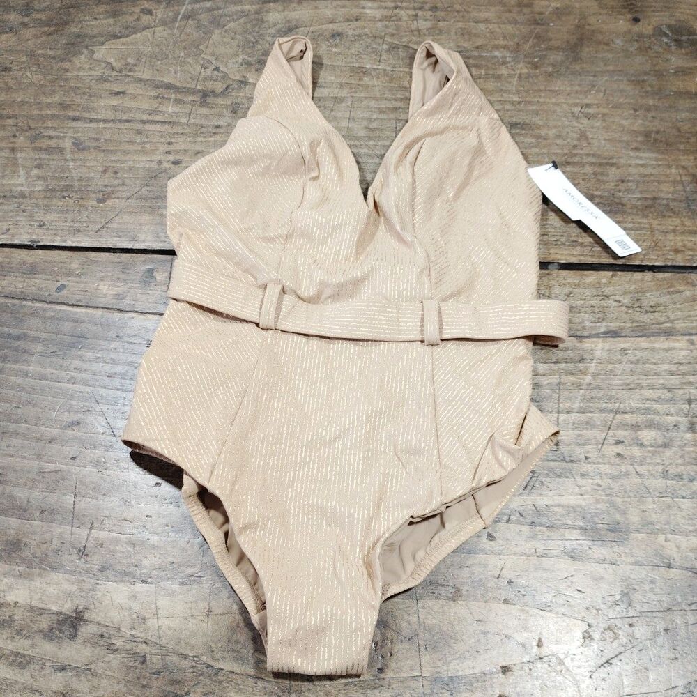 Amoressa Swimsuit Sz 8 One Piece Tan Gold Belt Resort Pool NEW Birch